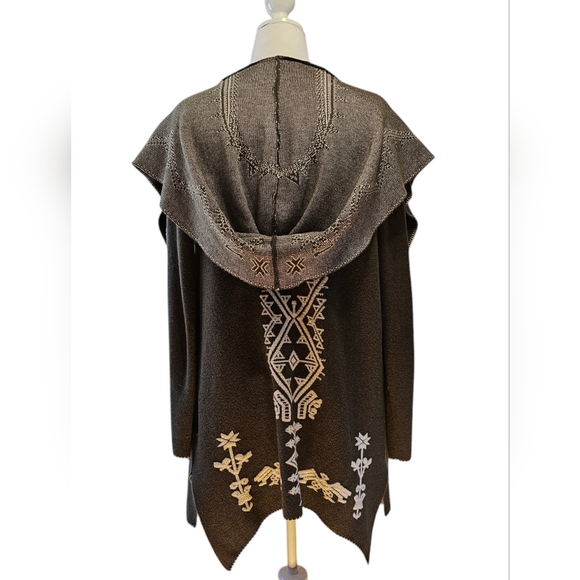 Olive Green Vertigo Long Open Drape Sweater Jacket with Hood Aztec Print Size M - Picture 5 of 9